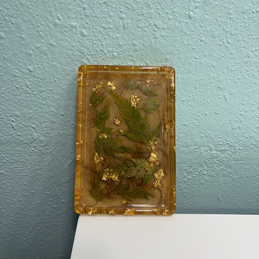 Gold and Green Botanical Resin Trinket Tray